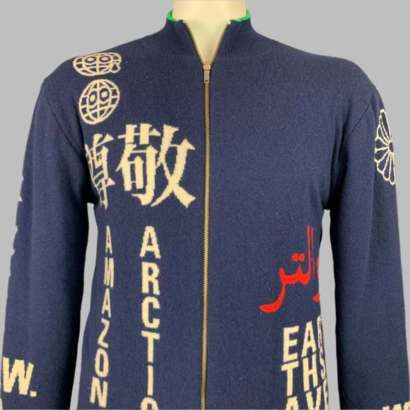 WALTER VAN BEIRENDONCK 2006 Blue & Green Wool  Cotton Reversible Cardigan - Picture 2 of 9